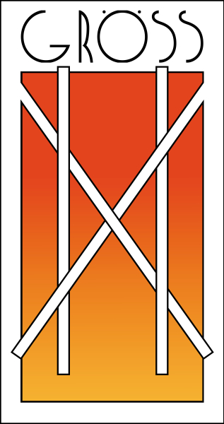 runic icon representing D&aelig;rick W Gr&ouml;ss, based on the glyph he uses to sign his artwork; a colored field, fading from red-orange at the top to yellow-orange at the bottom.  Over the face of this color field is a white runic symbol across the field.  Above the field and rune is the word GR&Ouml;SS all in capital letters in black on a white background